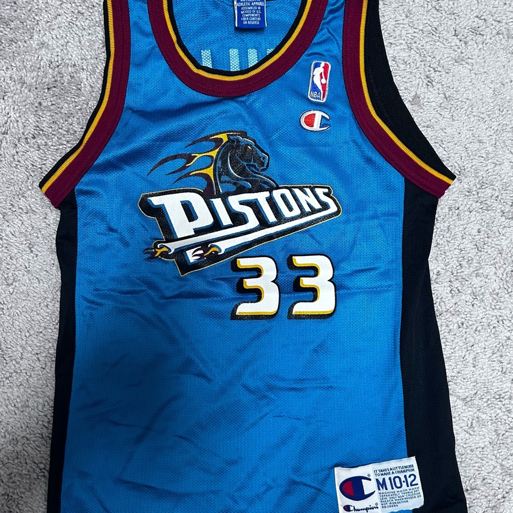 Vintage Kids Basketball Jersey Blue and Black Pistons Hill 10/12 Champion